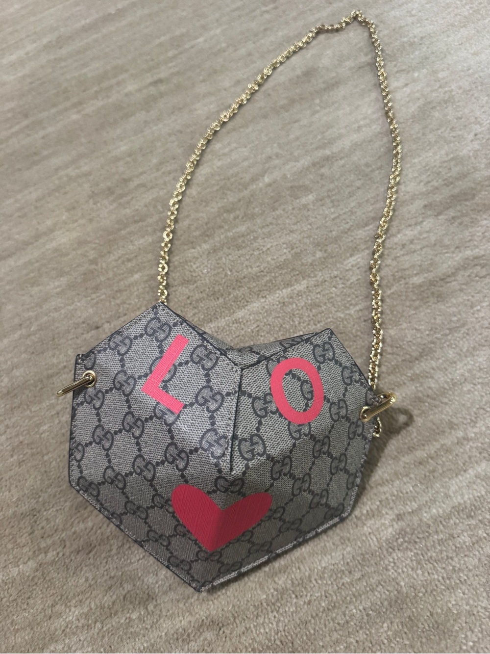 Gucci Gray Monogram Heart Crossbody with Pink LOVE and Gold Chain